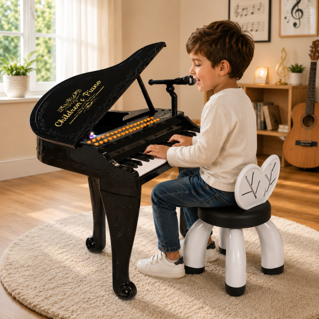 Piano - Kids Electric Grand Piano Keyboard Set with Stool & Microphone